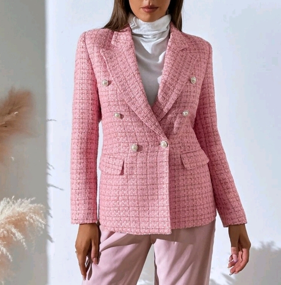 Plaid Print Double Breasted Blazer Workwear  - Picture 4 of 4